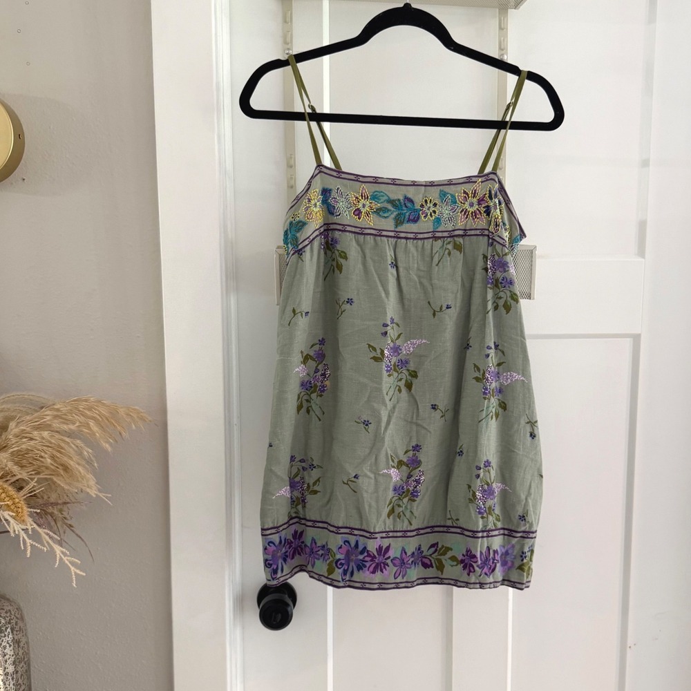 Free People Bali Take Me With You Mini Dress Green Floral Embroidered S Boho
